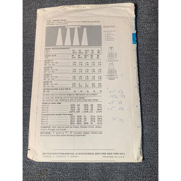 Butterick 4139 Vintage Sewing Pattern Womens Skirt 4 Styles Size 26.5 Waist - Picture 2 of 2